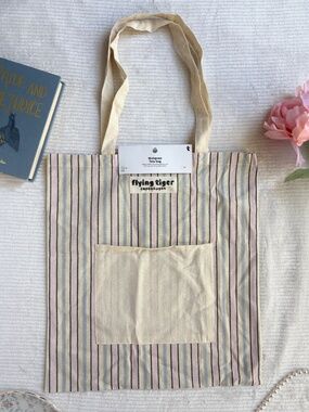 Flying Tiger Copenhagen Stripe Beige Violet Multipurpose Cotton Tote Bag NWT